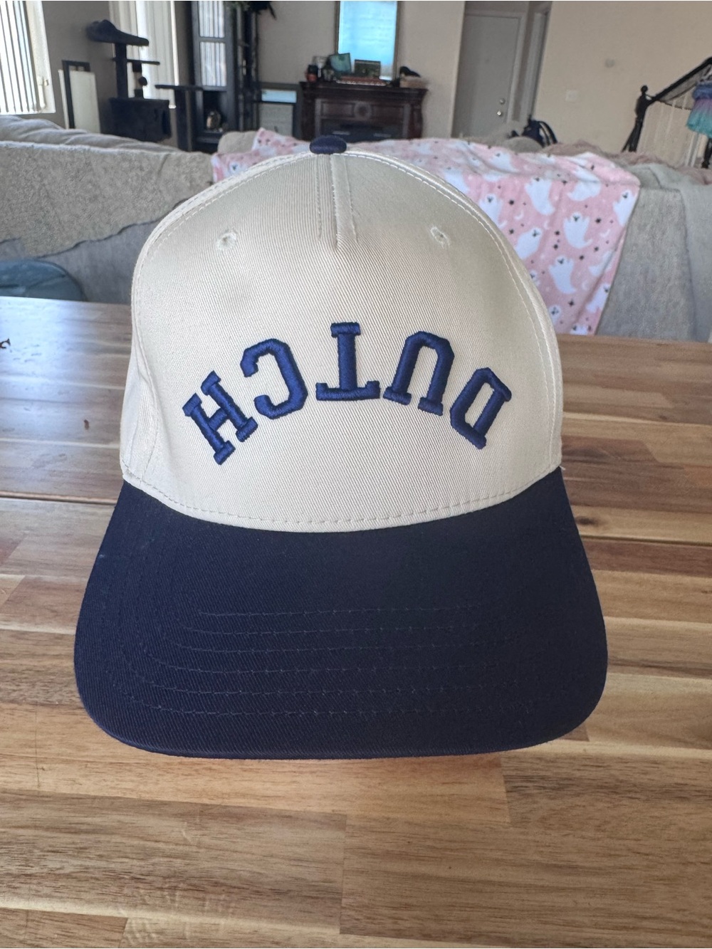 Two-Tone 'Dutch' Embroidered Baseball Cap - Beige & Navy no tags